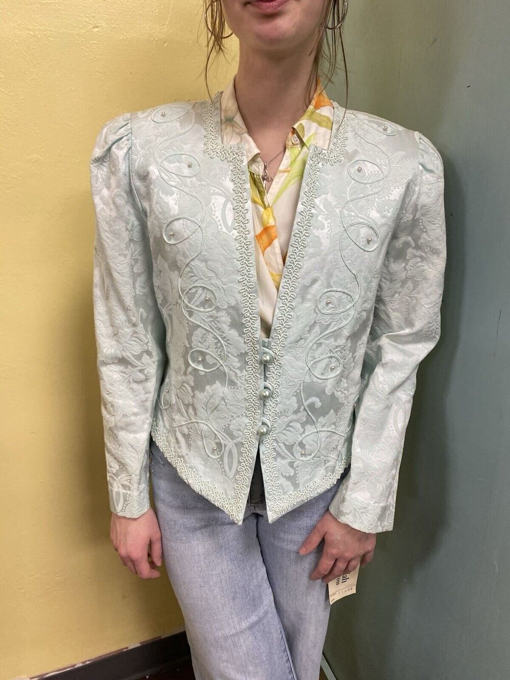Vintage 80s NWT Nah Nah Collection Mint Floral Jacquard Jacket Size 10